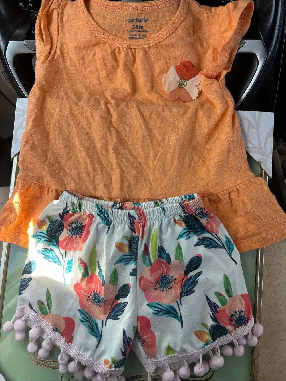 Carter's Orange Peplum Top with Floral Pom-Pom Shorts